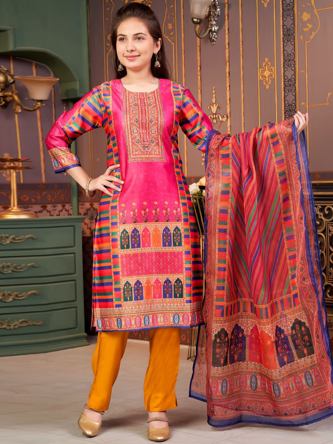 Sangria Girls Ethnic Motifs Printed Satin Straight Kurta With Trouser And Dupatta