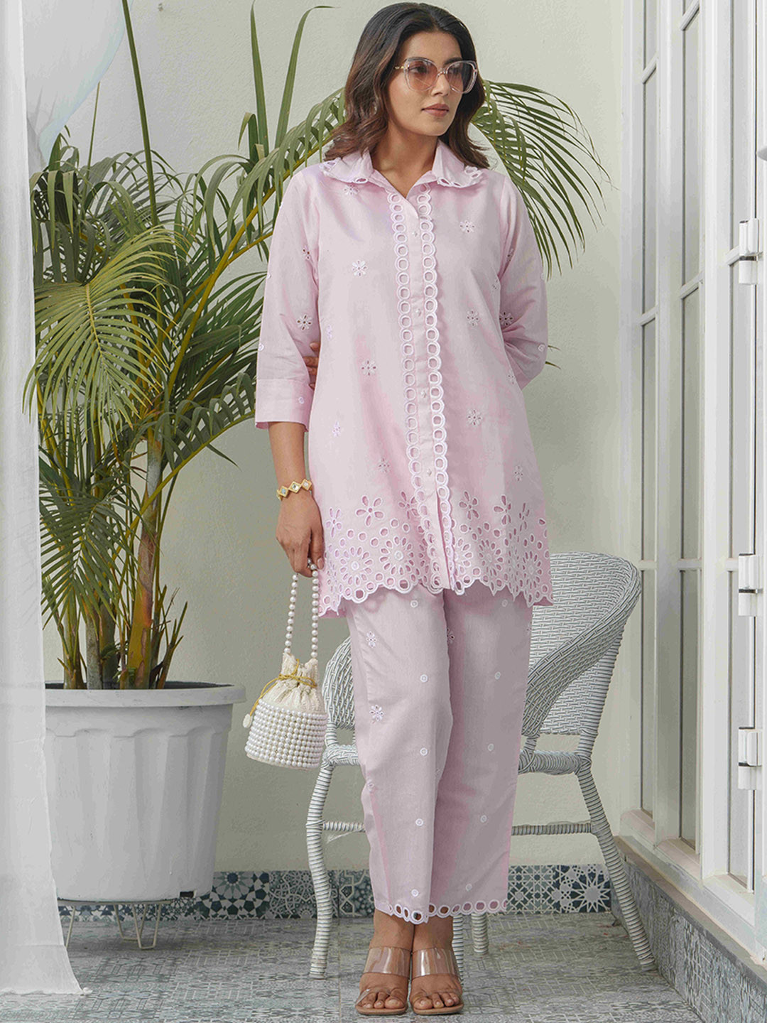 House of Pataudi Embroidered Shirt Collar Roman Silk Tunic & Trouser