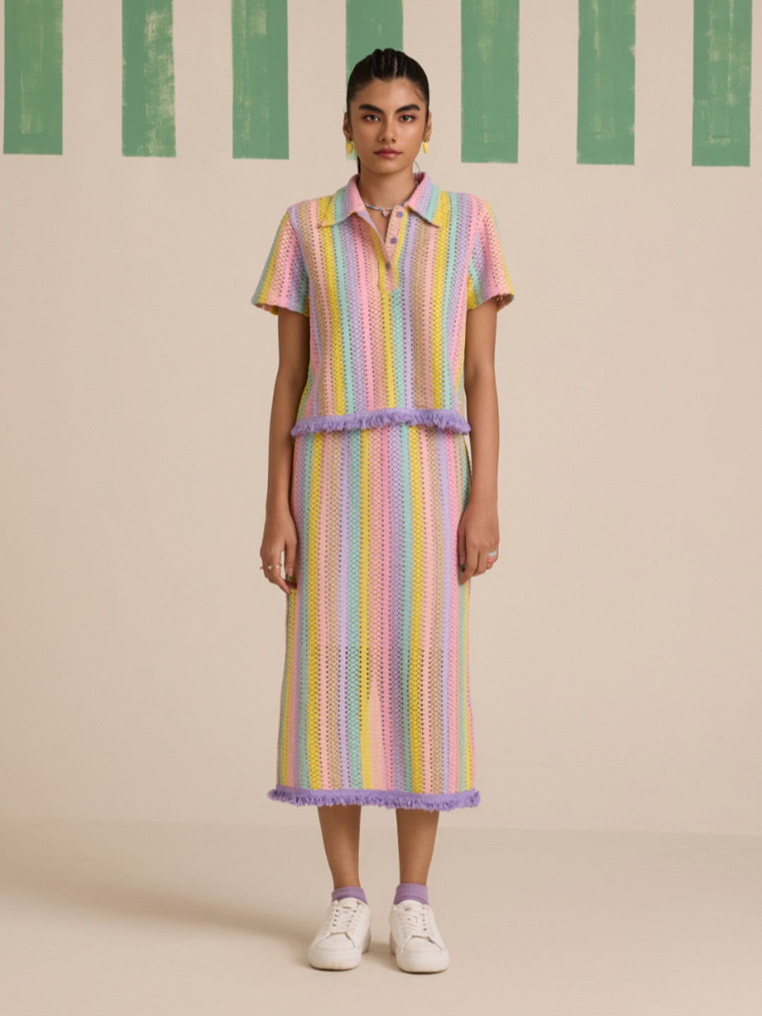 Muvazo Colour-Blocked Shirt Collar Top With Skirt Cassata Swirl Co-Ords