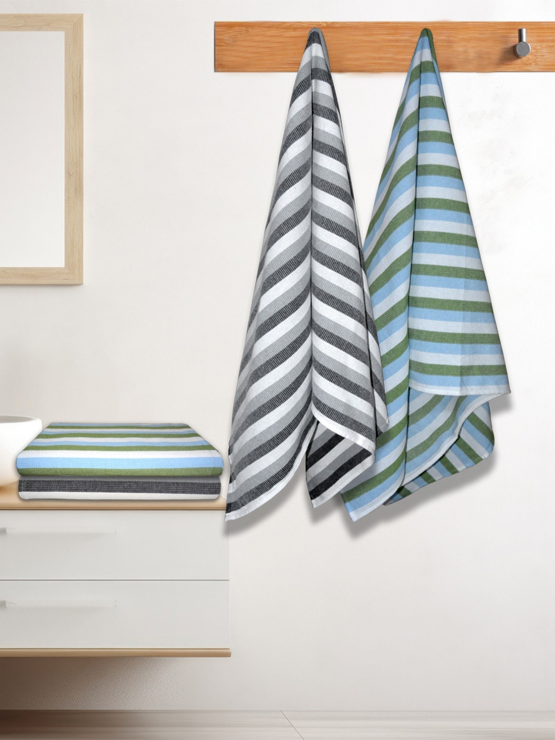 Athom Living Iris Green & Grey 4 Pieces Striped 210 GSM Cotton Bath Towel