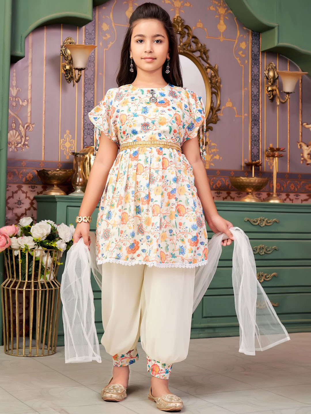 BAESD Girls Floral Printed Pleated Kurti With Salawr And Dupatta