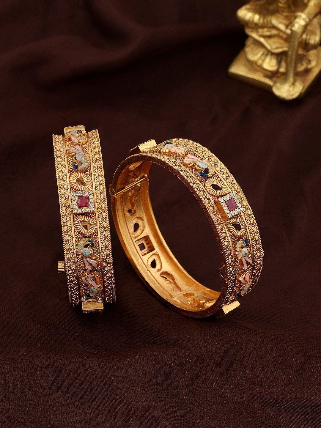 Exotic India Set Of 2 Copper Stone Studded Bangles with Peacock Design In Copper
