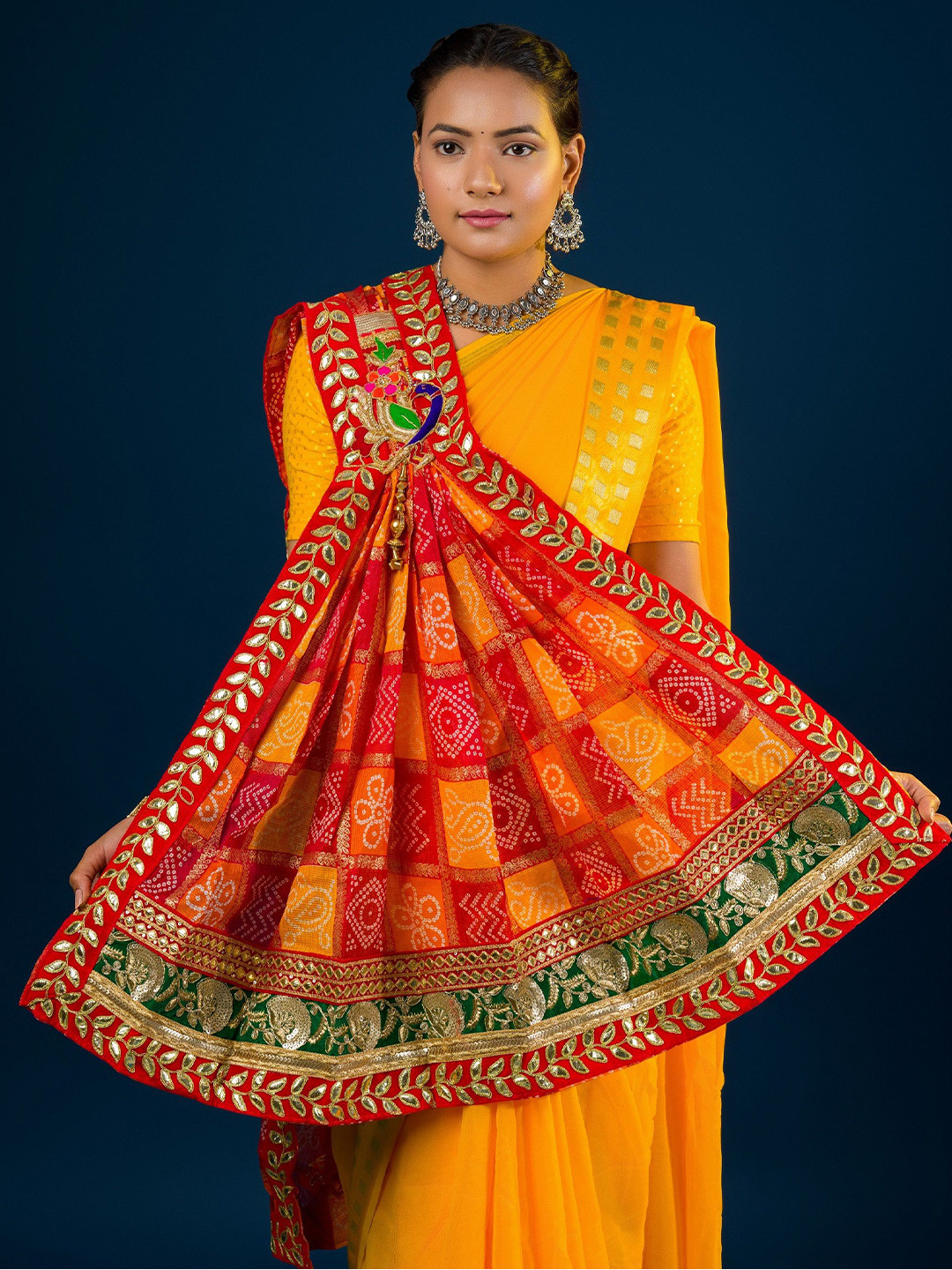 KCPC BANDHANI Embroidered Cotton Silk Bandhani Dupatta with Beads and Stones