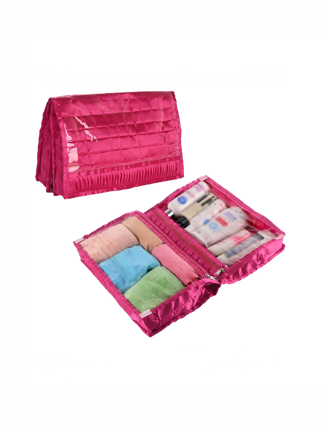 Aura Pink 2 Pcs Satin Frill Travel Makeup Organiser