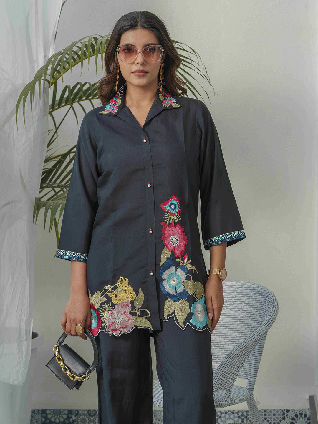 Sangria Floral Embroidered Shirt Collar Roman Silk Shirt & Trousers