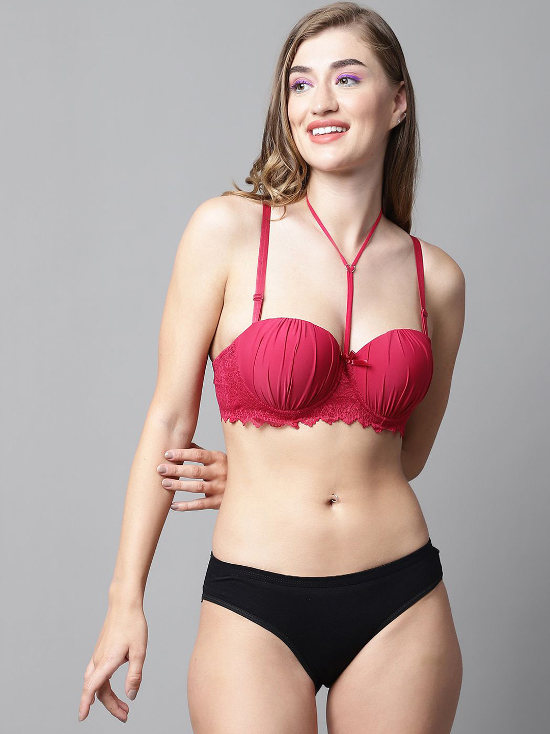 Quttos Women Push-Up Padded Underwired Demi Cup Balconette Lingerie Set