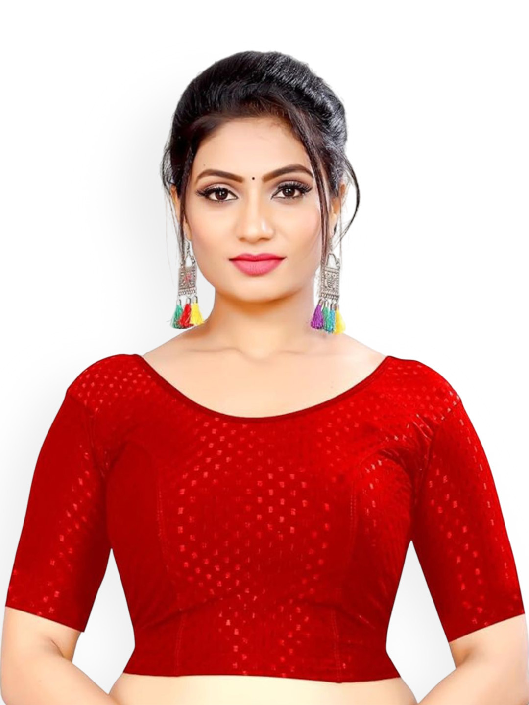 SS Sanket Synthetics Round Neck Half Sleeves Dobby Slip On Saree Blouse