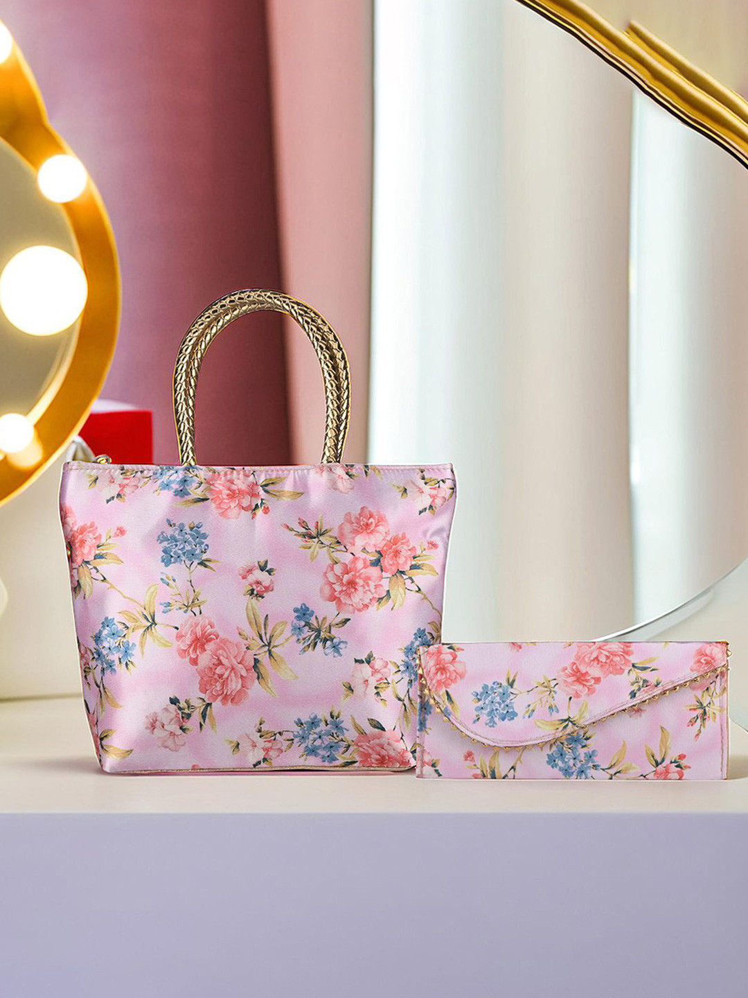 Kuber Industries 2 Pcs Silky Women Handbag & Purse Set Flower Pink Shoulder Bag