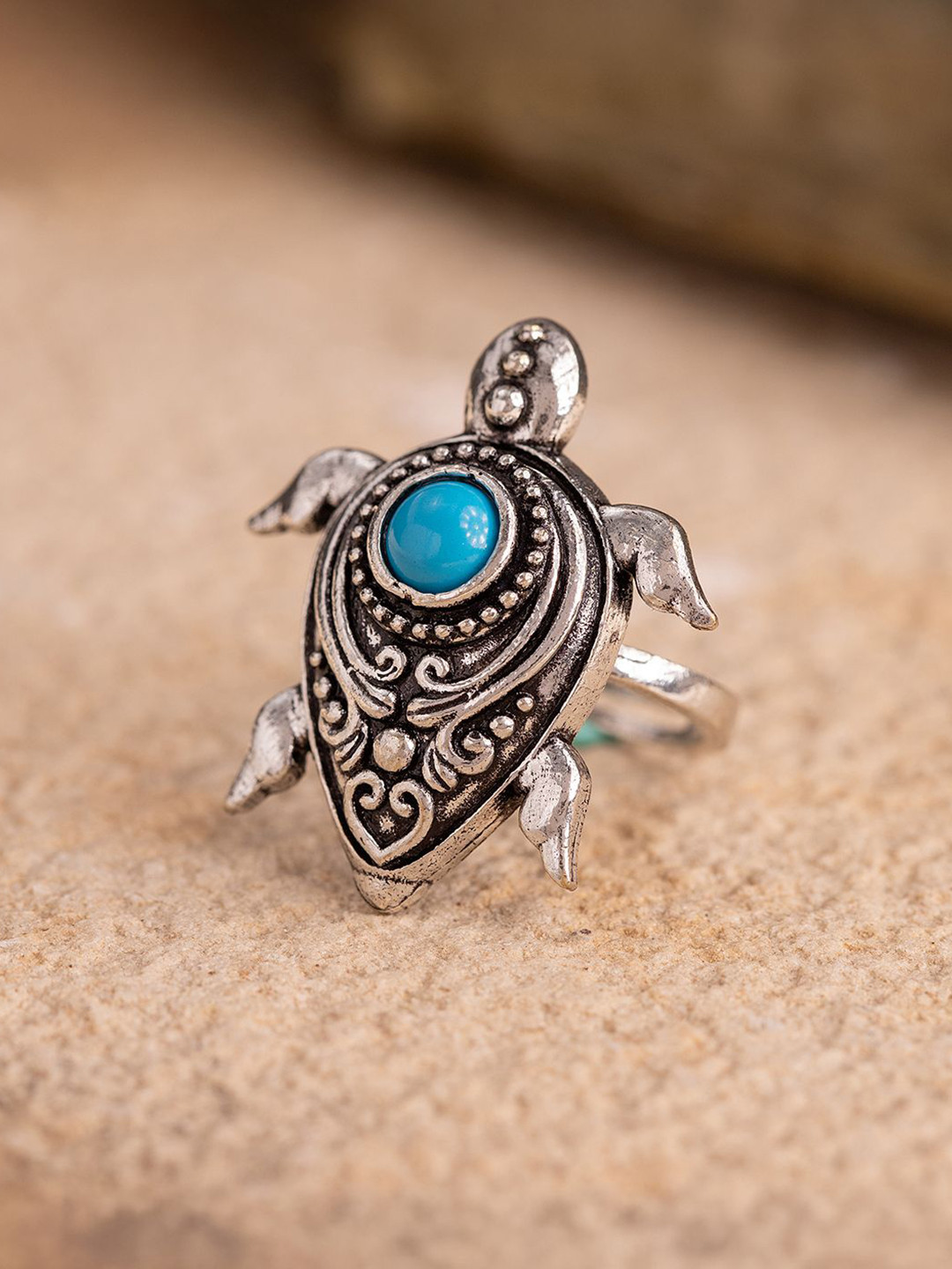 Voylla Boho Tribe Turtle Turquoise Oxidised Ring
