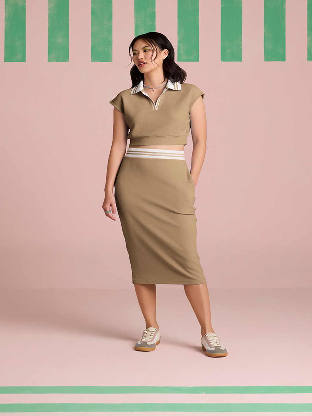 Muvazo Breezy Textured Shirt Collar Top With Skirt Co-Ords