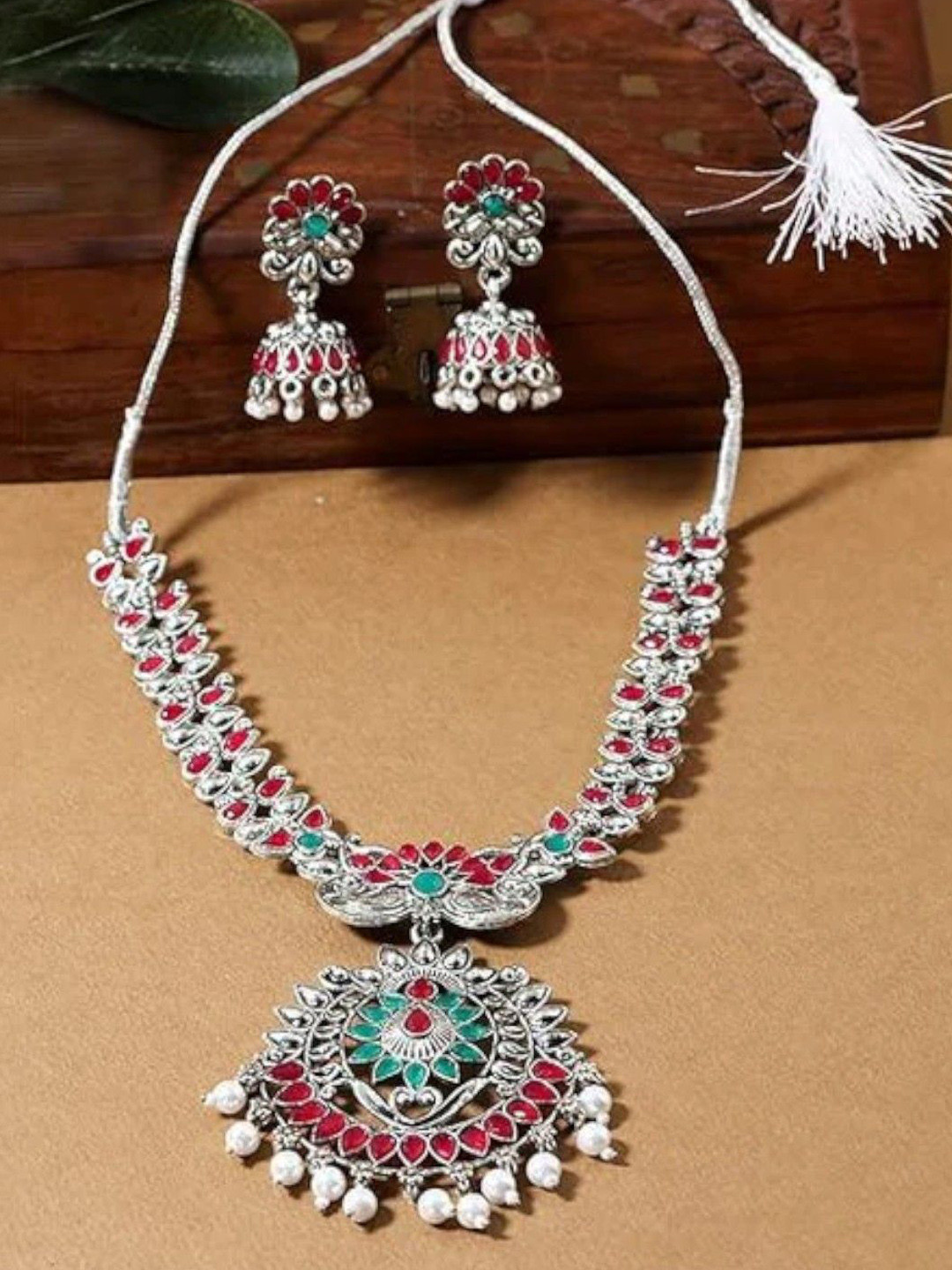 Sangria Silver Plated Ruby & Emerald Stones Studded Jewellery Set