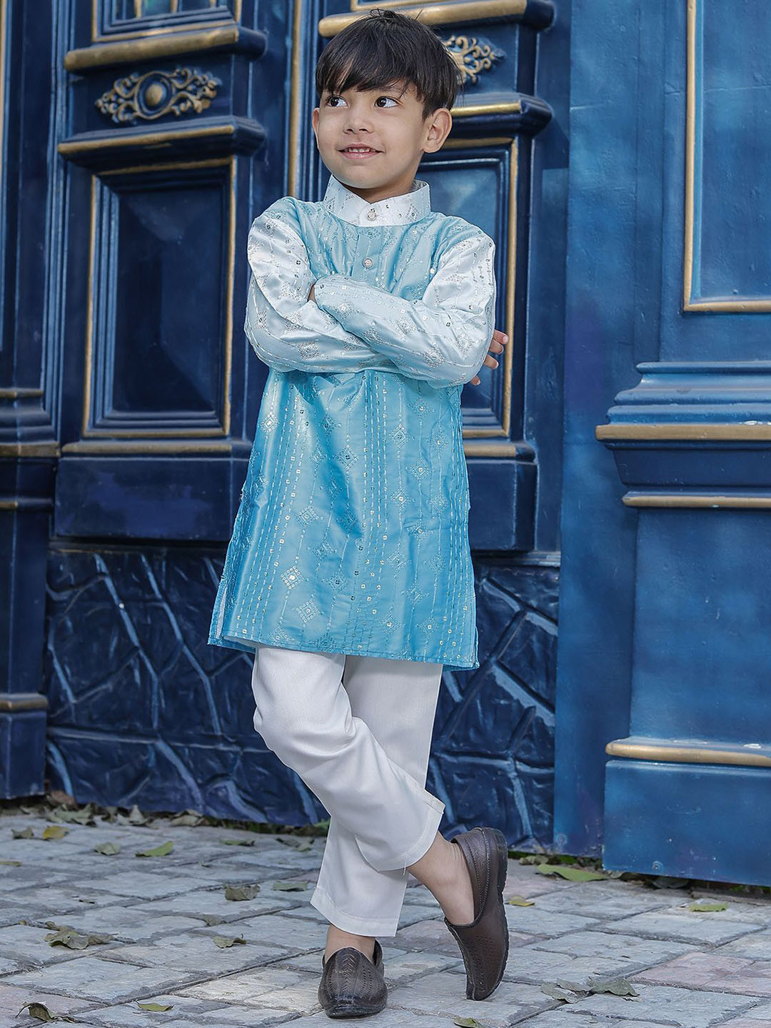 Stuffie Land Boys Geometric Embroidered Band Collar Dupion Silk Kurta With Trousers