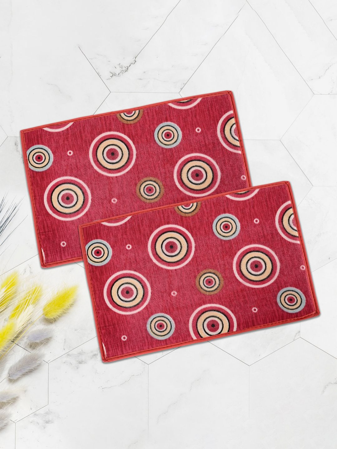 Aura 2 Pieces Blue & Red Circles Design Patterned Anti-Skid Doormats