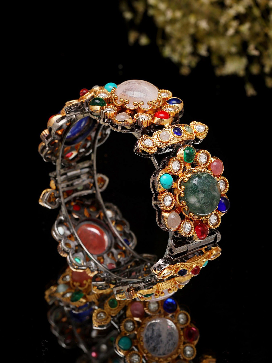 Exotic India Floral Design Multicolor Stone Studded Openable Bangle In Alloy