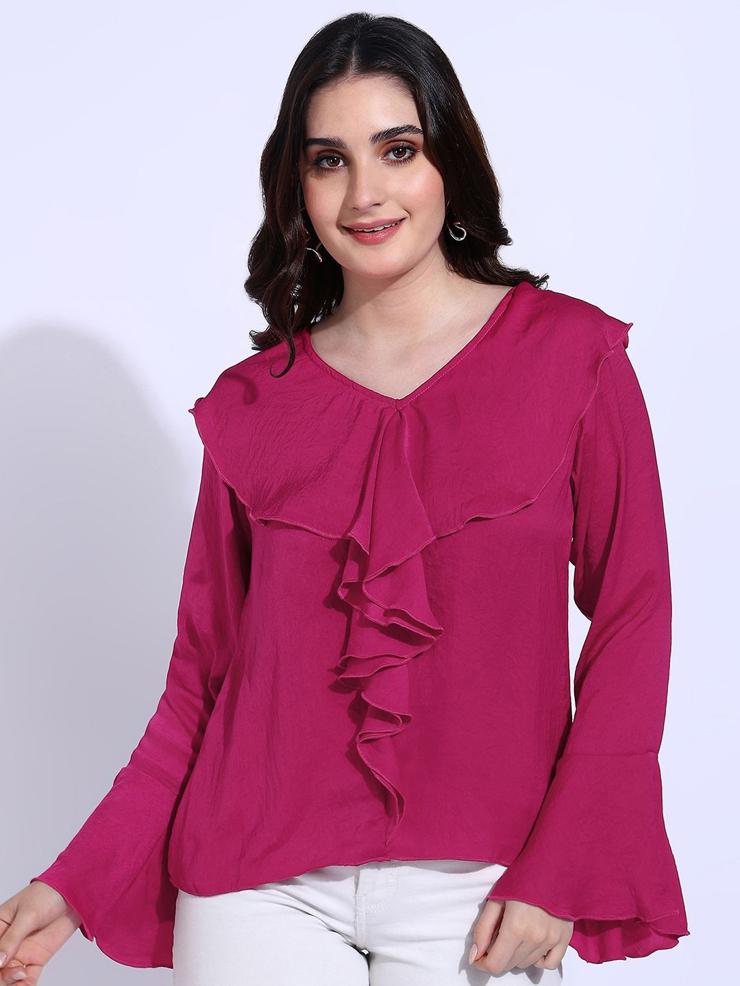 Murcia Bell Sleeve Ruffles Satin Top