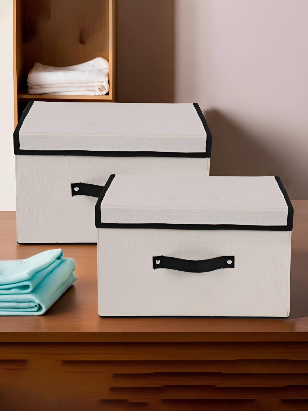 Aura White & Black 2 Pieces Clothes Drawer Organiser For Wardrobe With Lid