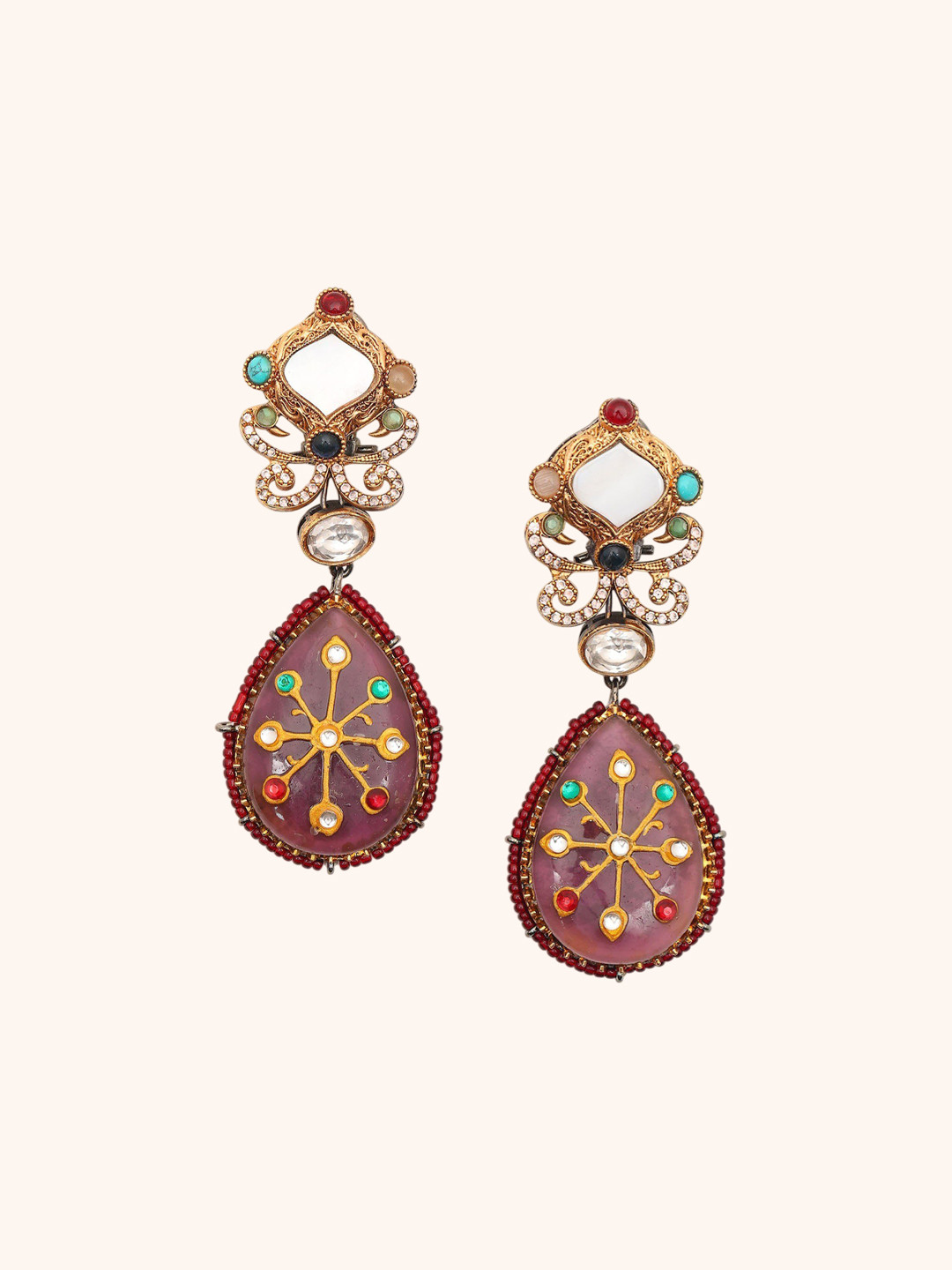 Exotic India Teardrop Shaped Stone Studded And Beaded Dangle Earrings In Alloy