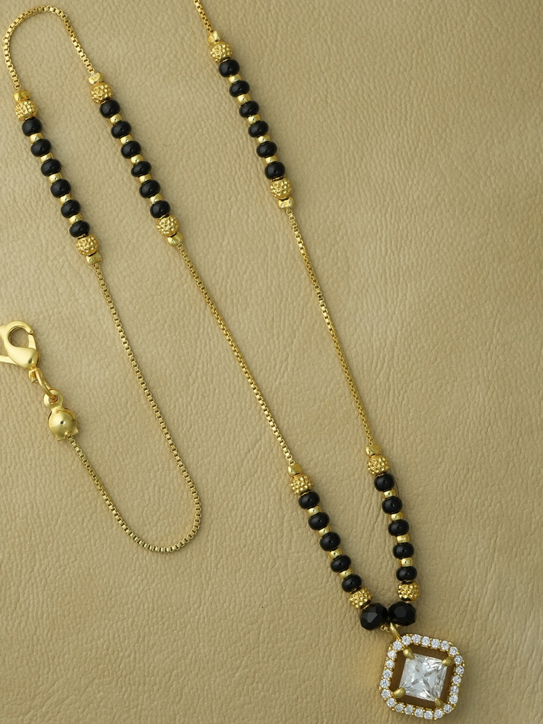 jueri Princess Cut Gold-Plated American Diamond & Beaded Mangalsutra