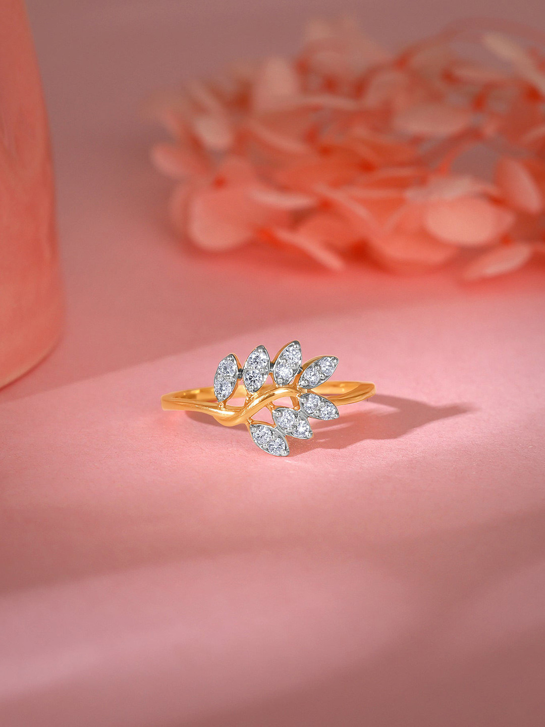 GIVA Gold Shimmery Petals Diamond Ring-1.96 gms