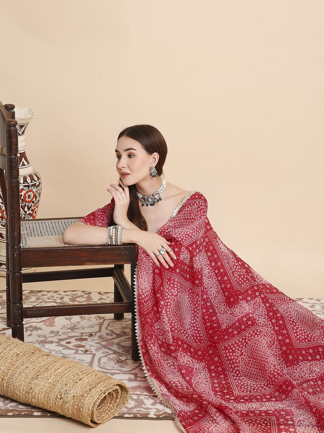 RATAN Printed Bandhani Tissue Saree