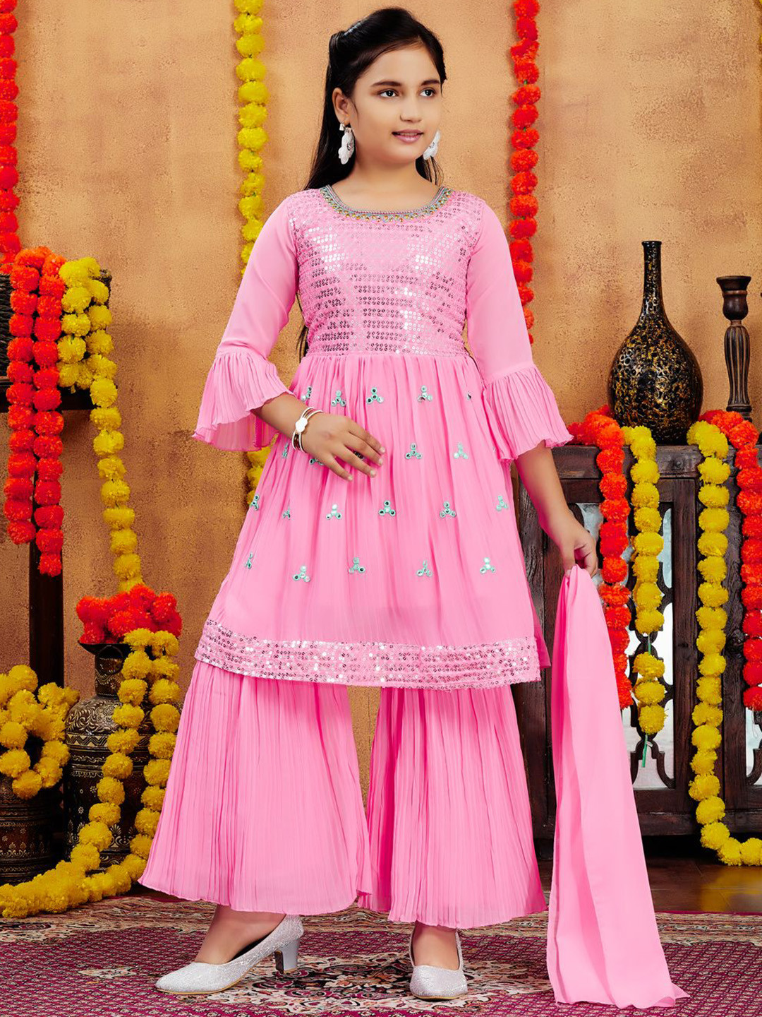 BAESD Girls Geometric Embroidered Sequinned Anarkali Kurta With Sharara &Du patta