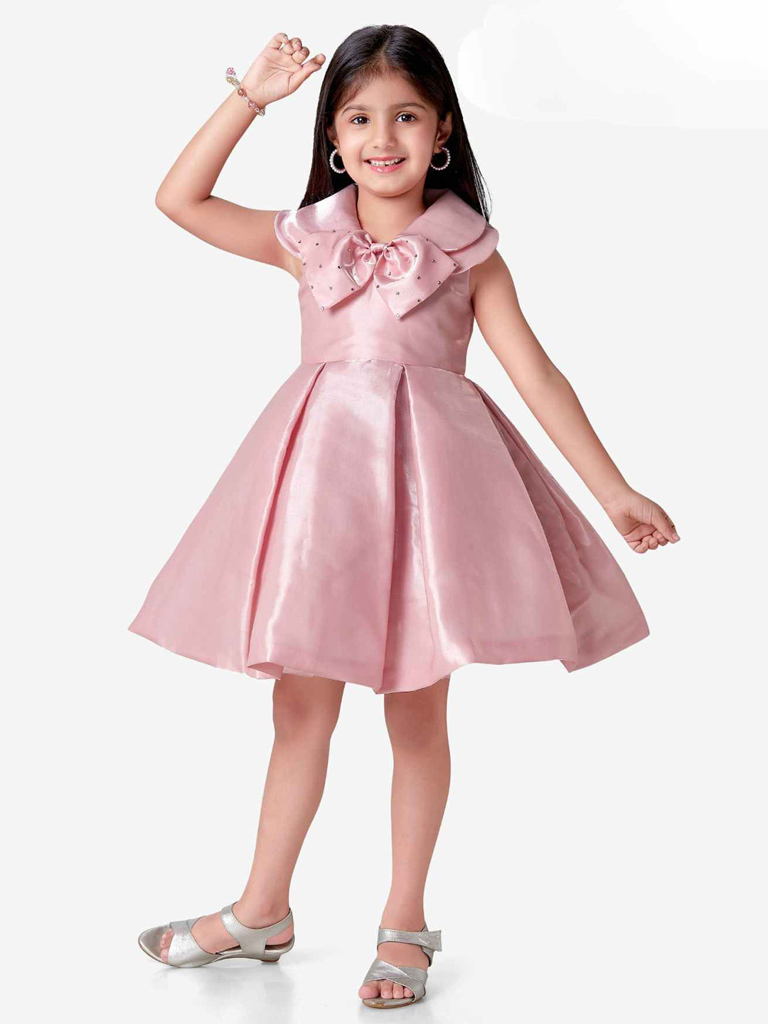 Lagorii Pink Bow Embellished Party Wear Frock For Girls