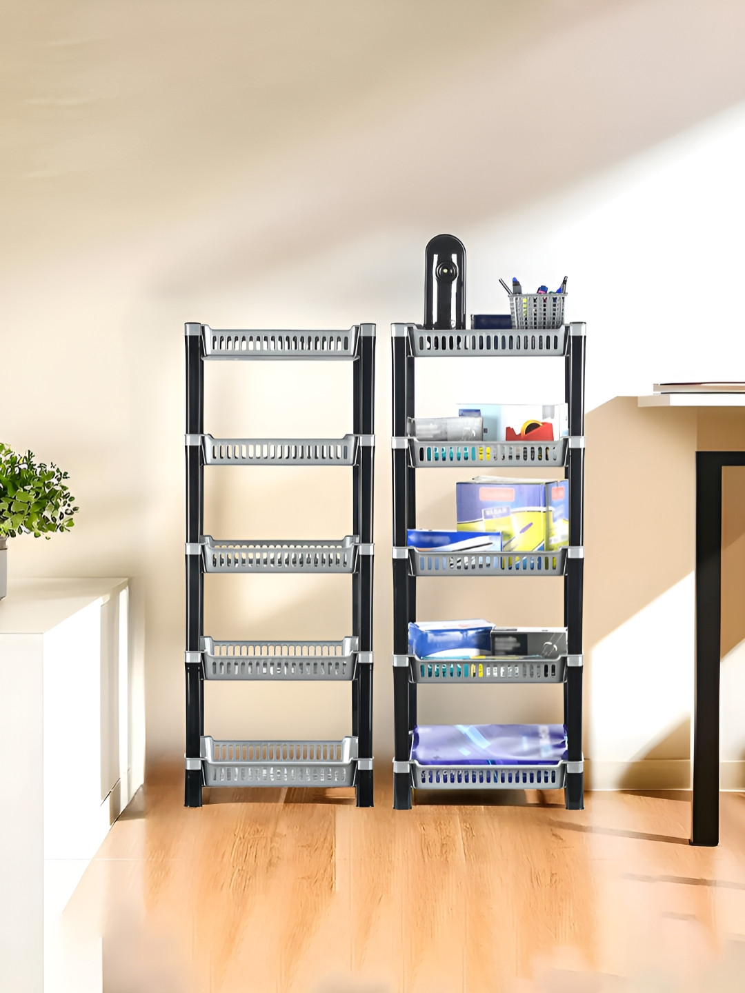 Aura Silver-Toned Pack of 2 Multipurpose Rack For Storage Rack 5-Tier Kids Toy Organisers