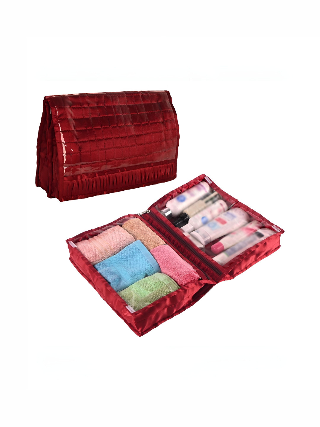 Aura Maroon 2 Pcs Self Design Satin Frill Travel Kit Makeup Organiser