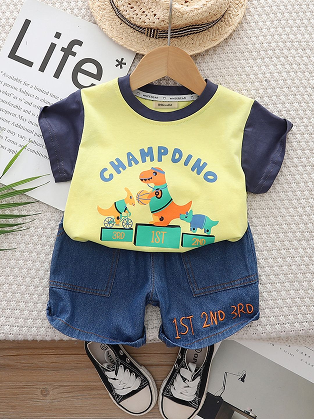 INCLUD Boys Champ Dino Printed Round Neck T-shirt With Shorts