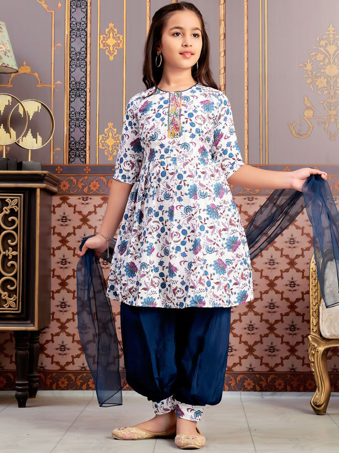 Sangria Girls Floral Printed Anarkali Kurta And Patiala & Dupatta