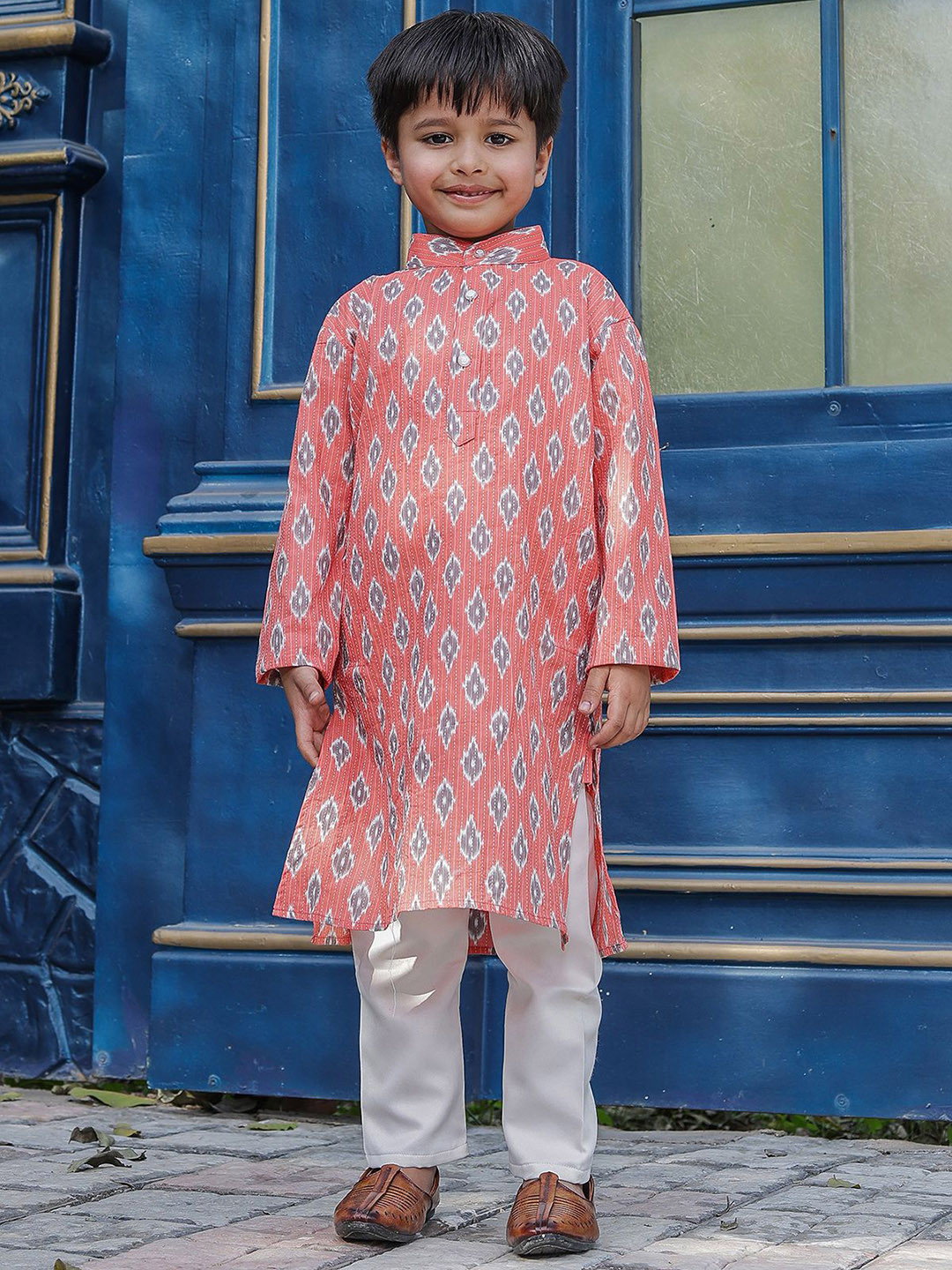 Stuffie Land Boys Geometric Printed Band Collar Kantha Work Straight Kurta With Trousers