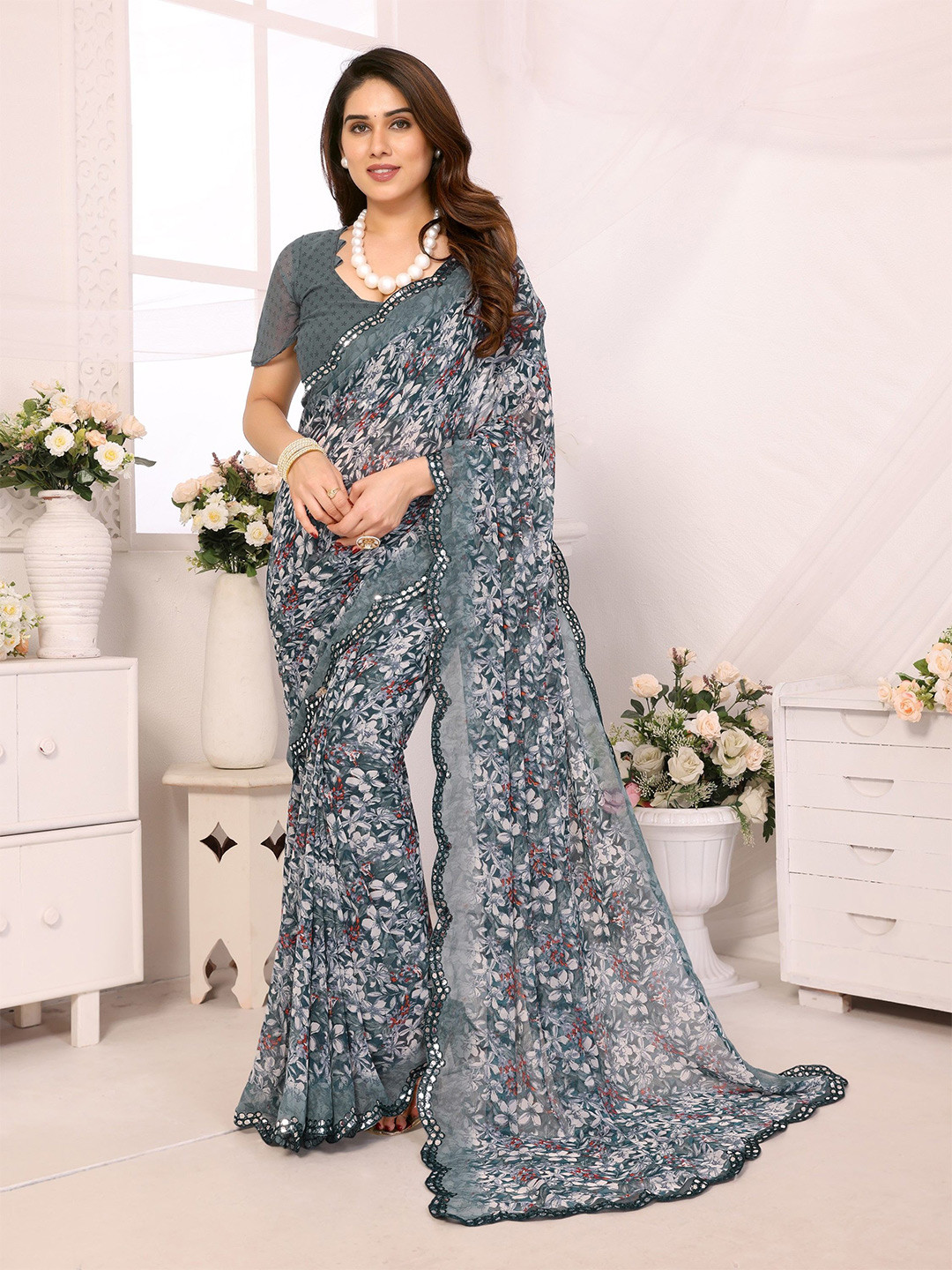 Moda Rapido Floral Mirror Work Border Pure Georgette Saree