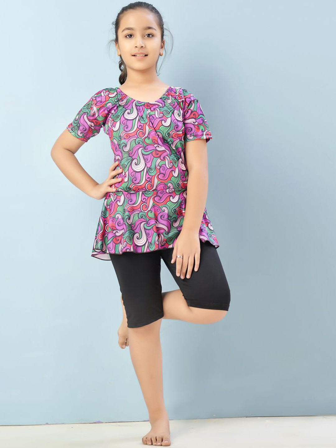 BAESD Girls Abstract Printed Full Coverage Swimwear With Attached shorts.