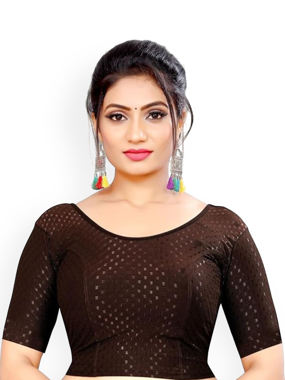 SS Sanket Synthetics Woven Design Round Neck Half Sleeves Slip On Saree Blouse