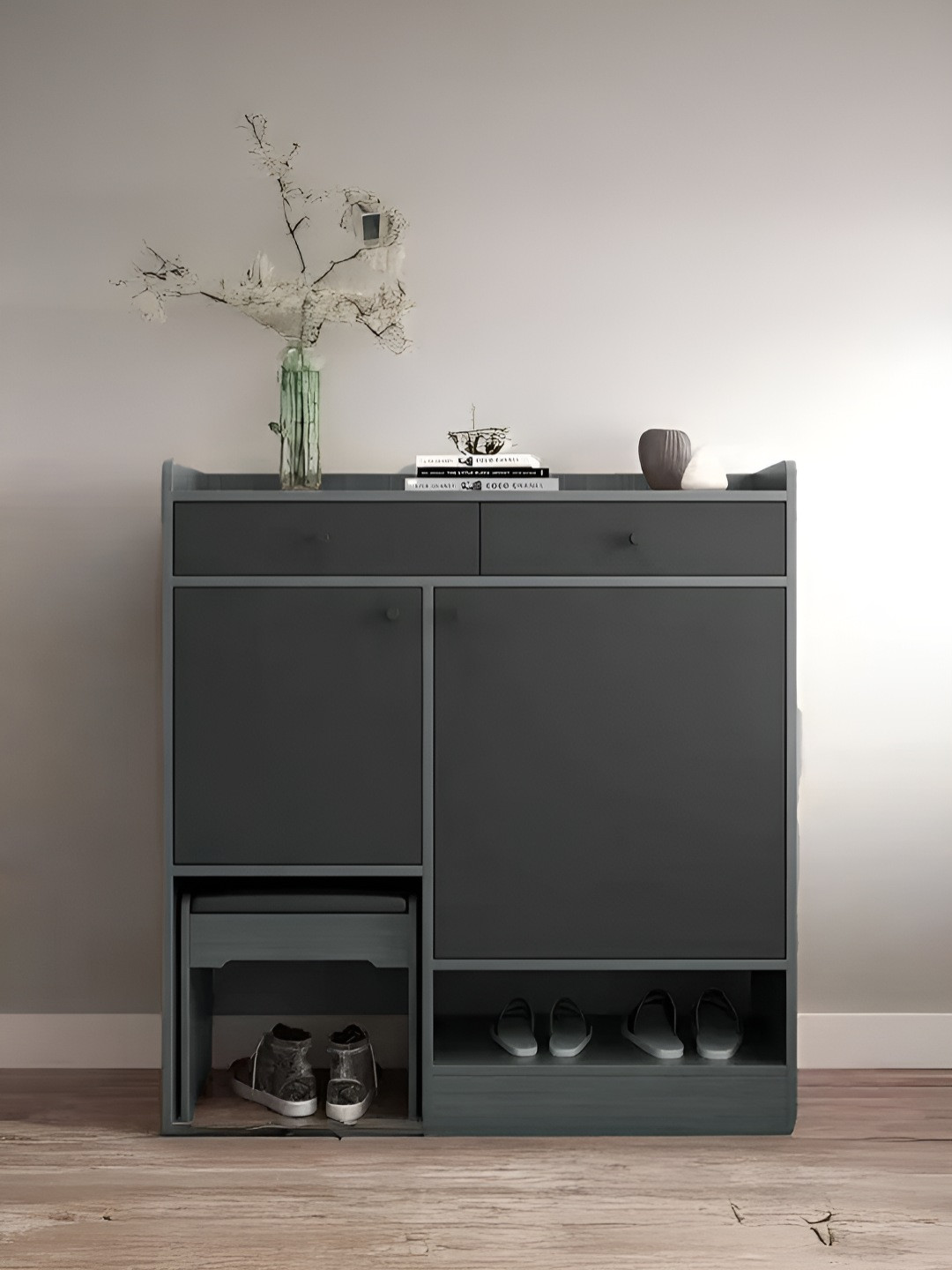 Royaloak Grey & Brown Malaysian Shoe Rack With Stool