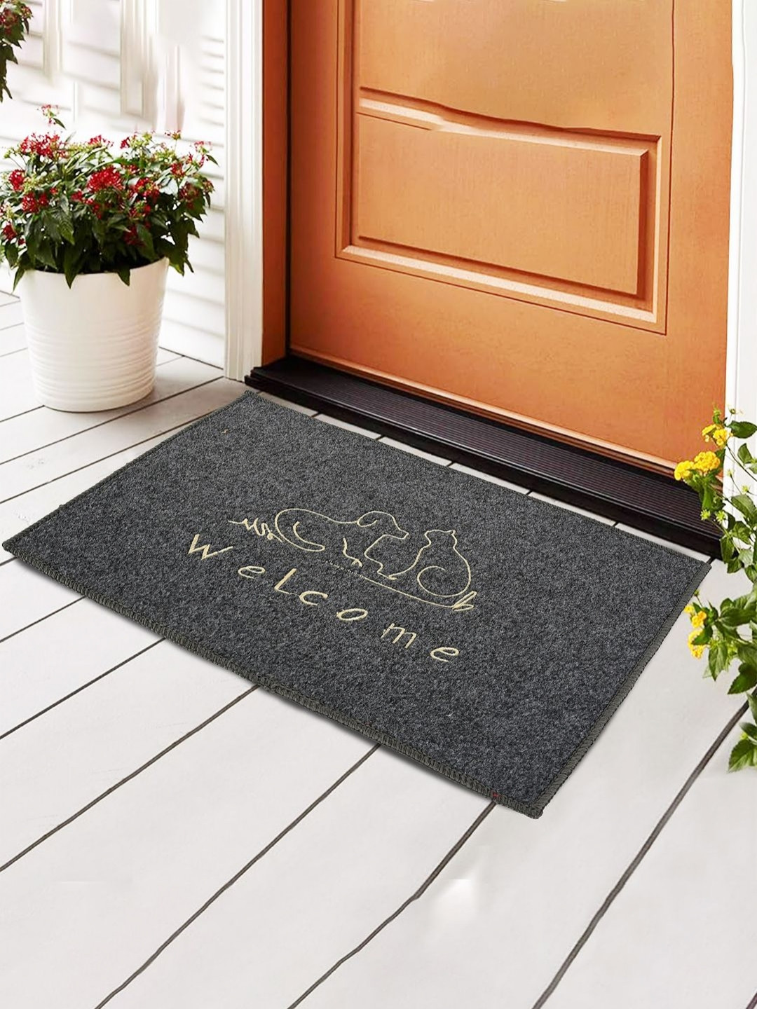 Aura Grey & Beige Embroidered Microfibre Anti-Skid Doormats