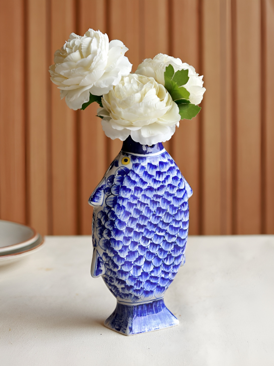 Unravel India Blue & White Madhubani Fish Ceramic Flower Vase