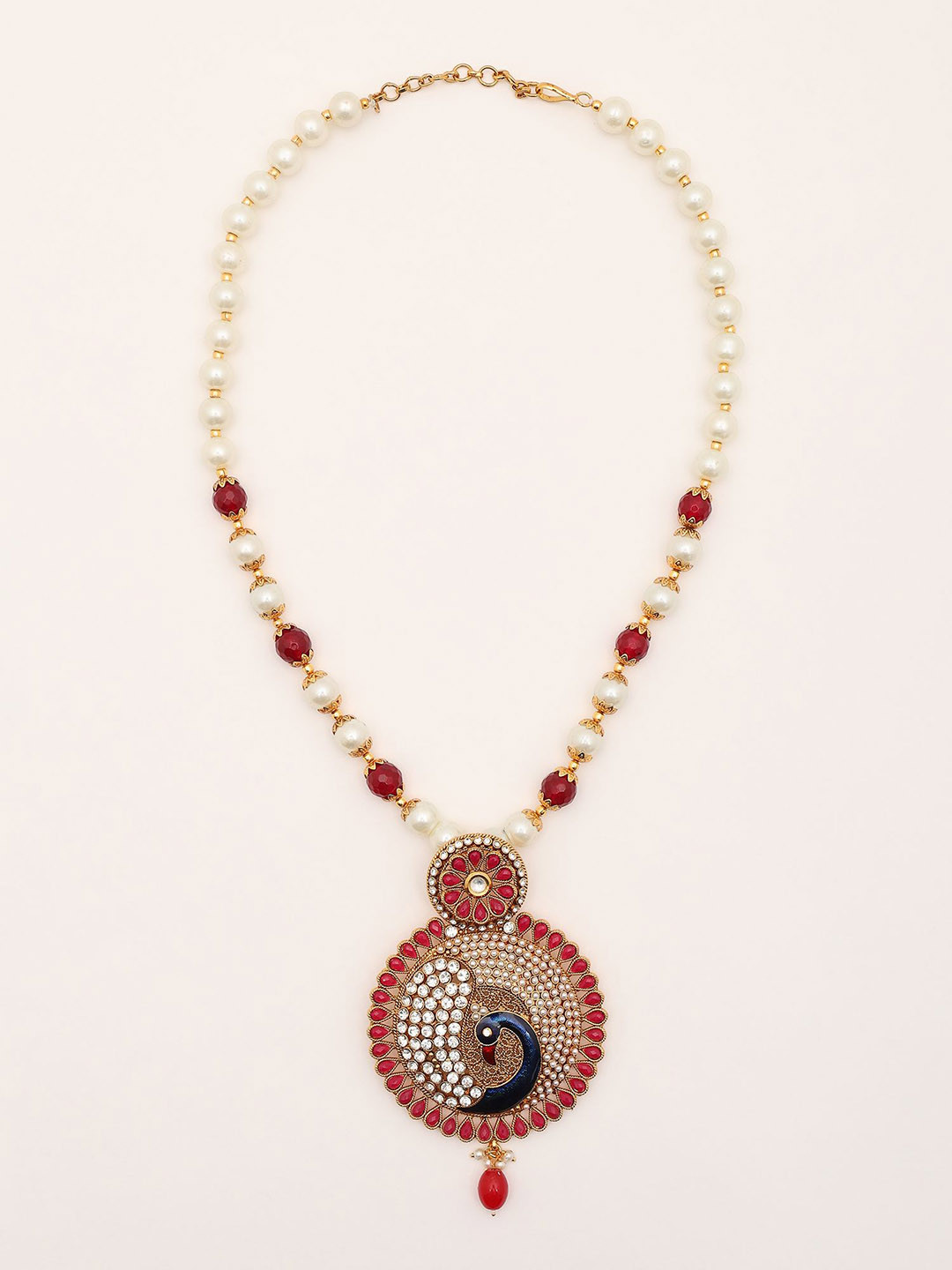 Exotic India Stone Studded and Beaded Peacock Design Necklace & Earrings Set
