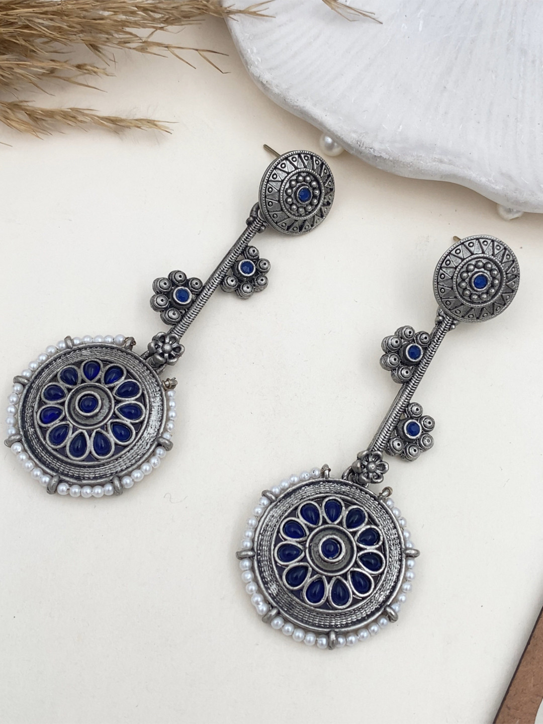 Rare Bello Silver-Plated Artificial Stones Studded & Beaded Contemporary Drop Earrings