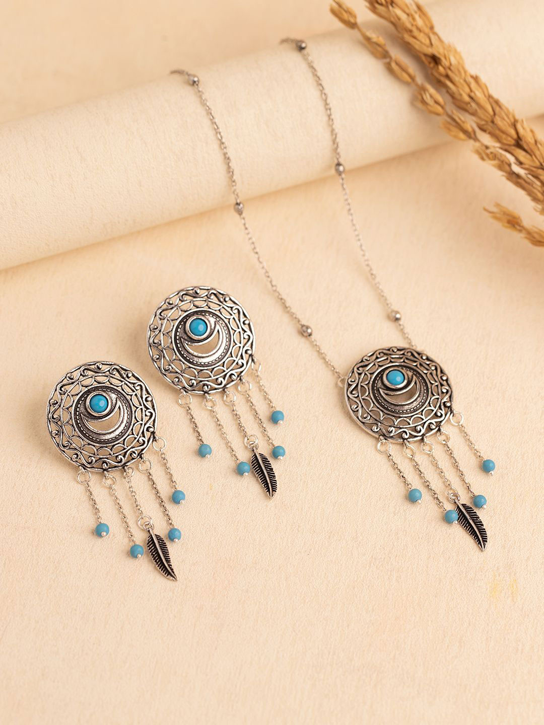 Voylla Boho Tribe Dreamcatchers Vision Oxidised Pendant Set