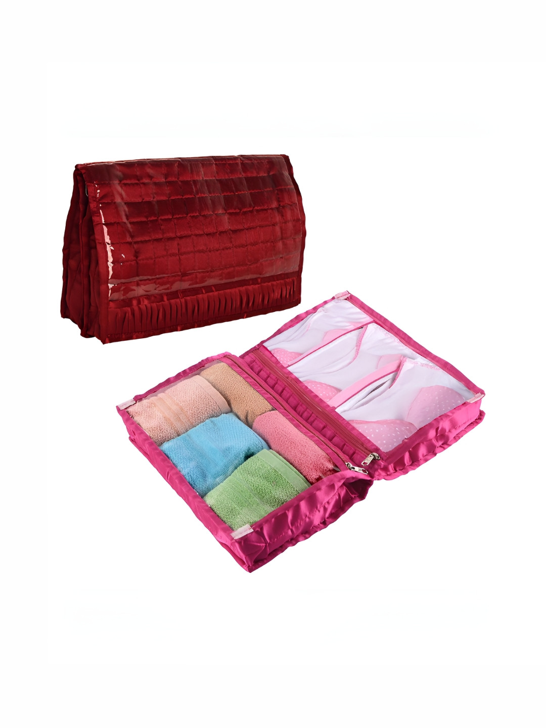 Aura Pink 2 Pieces Satin Frill Storage Pouch Drawer Organiser