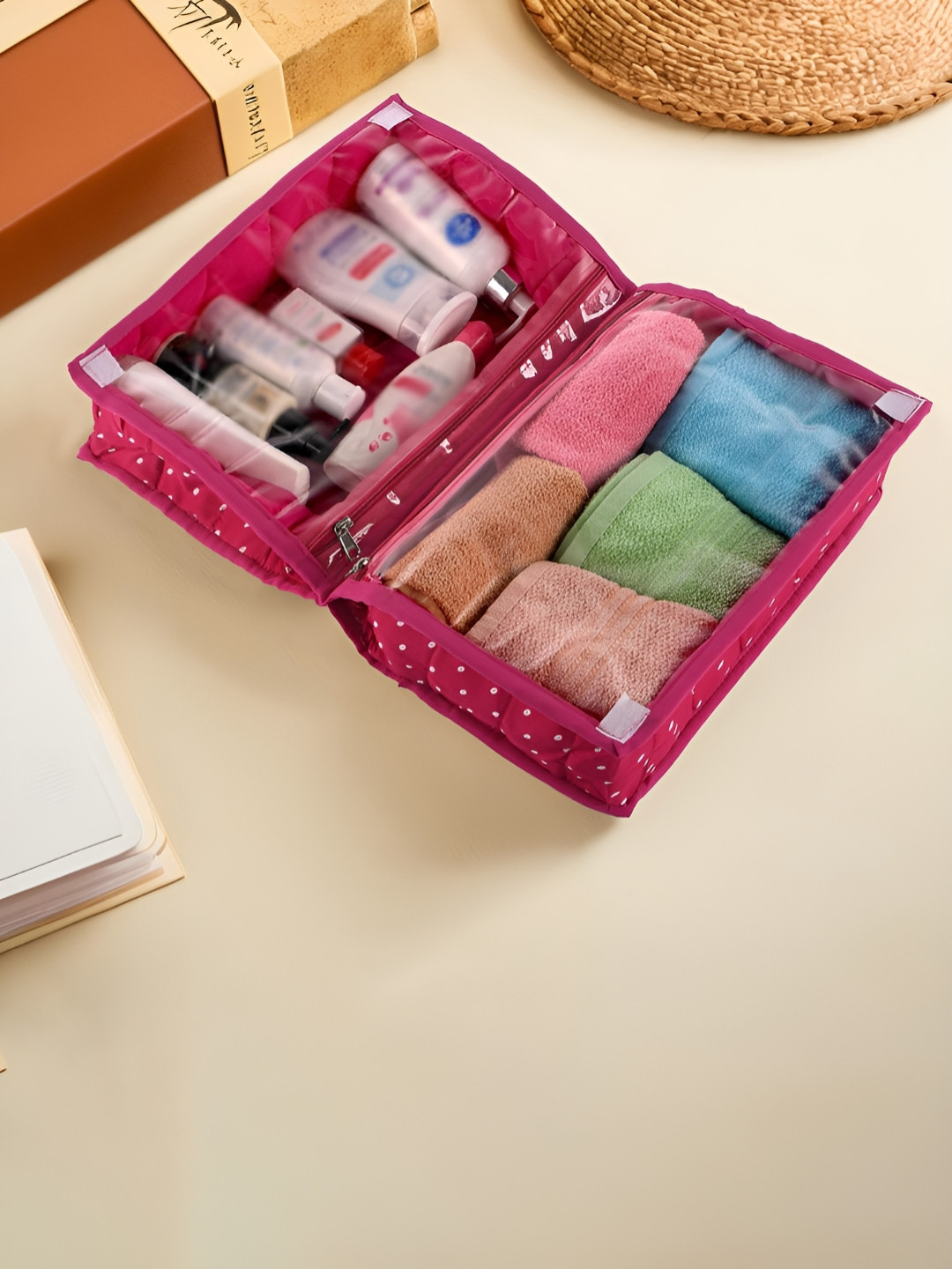 Aura Pink Polka Dot Printed Cotton Wardrobe Makeup Organiser