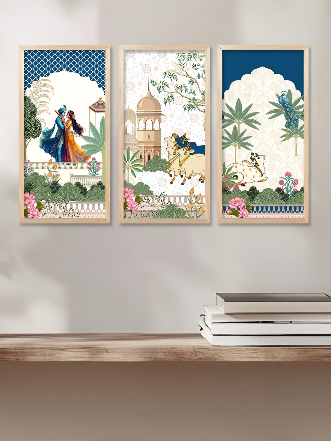 WALLLANE White & Navy Blue 3 Pieces Religious Traditional Printed Wooden Wall Art