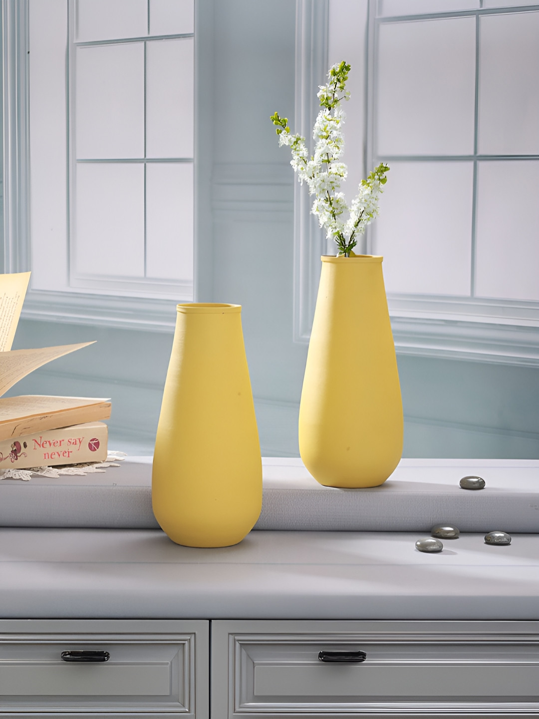 Homspurts Yellow 2 Pieces Matte Finished Textured Metal Flower Vases