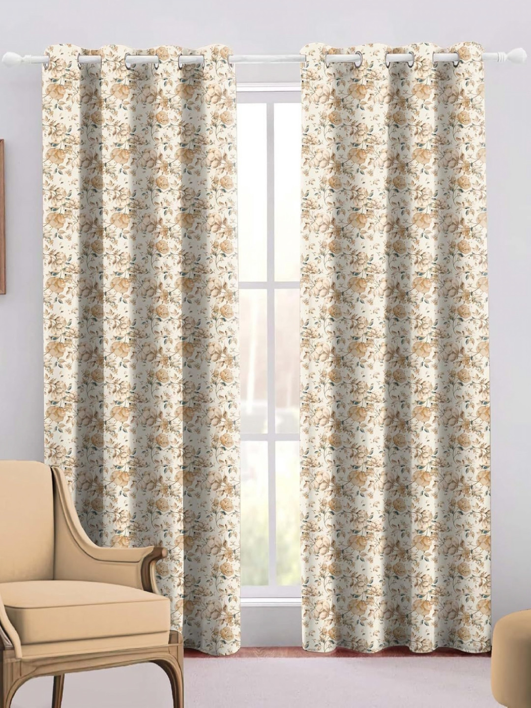 Trance Home Linen Beige & Brown 2 Pieces Floral Printed Cotton Door Curtains