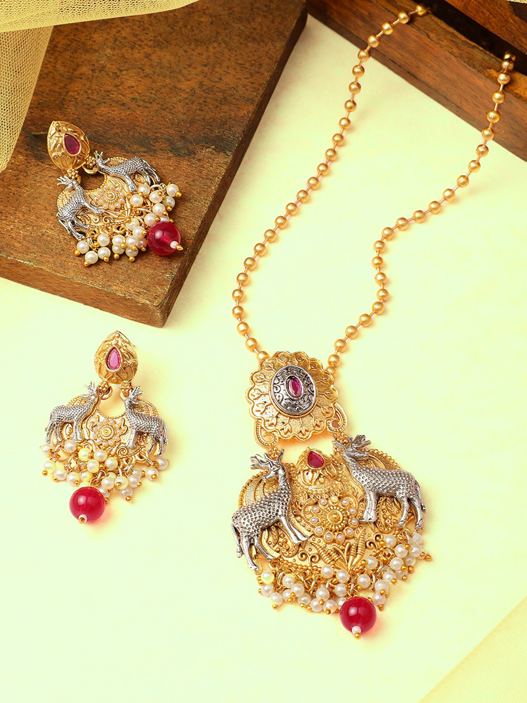 ORANGENYSHA Gold Plated Ruby Pearls Studded Deer Pendant Chain and Earrings Jewellery Set
