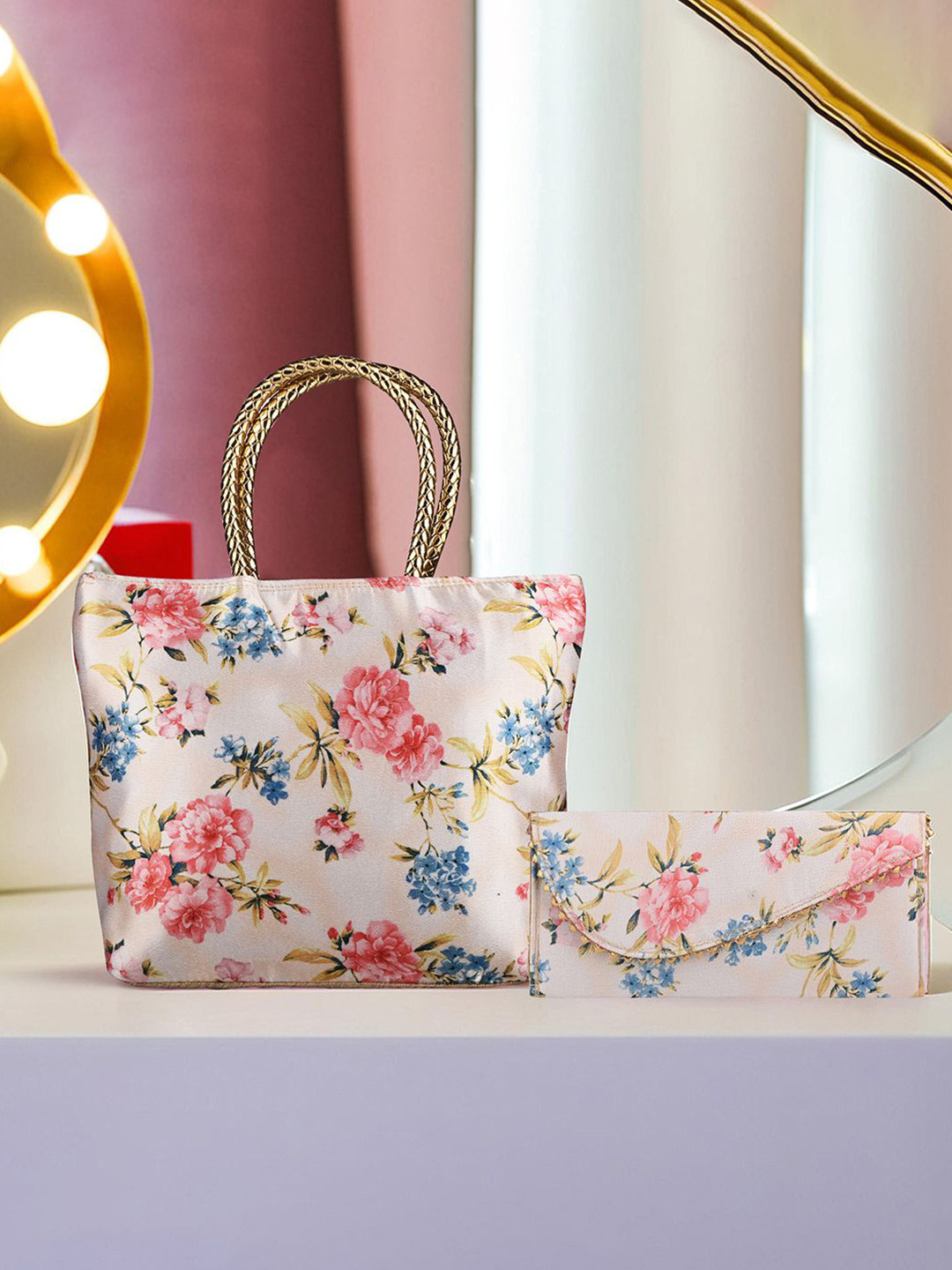 Kuber Industries 2 Pcs Silky Women Handbag & Purse Set Flower Golden Shoulder Bag