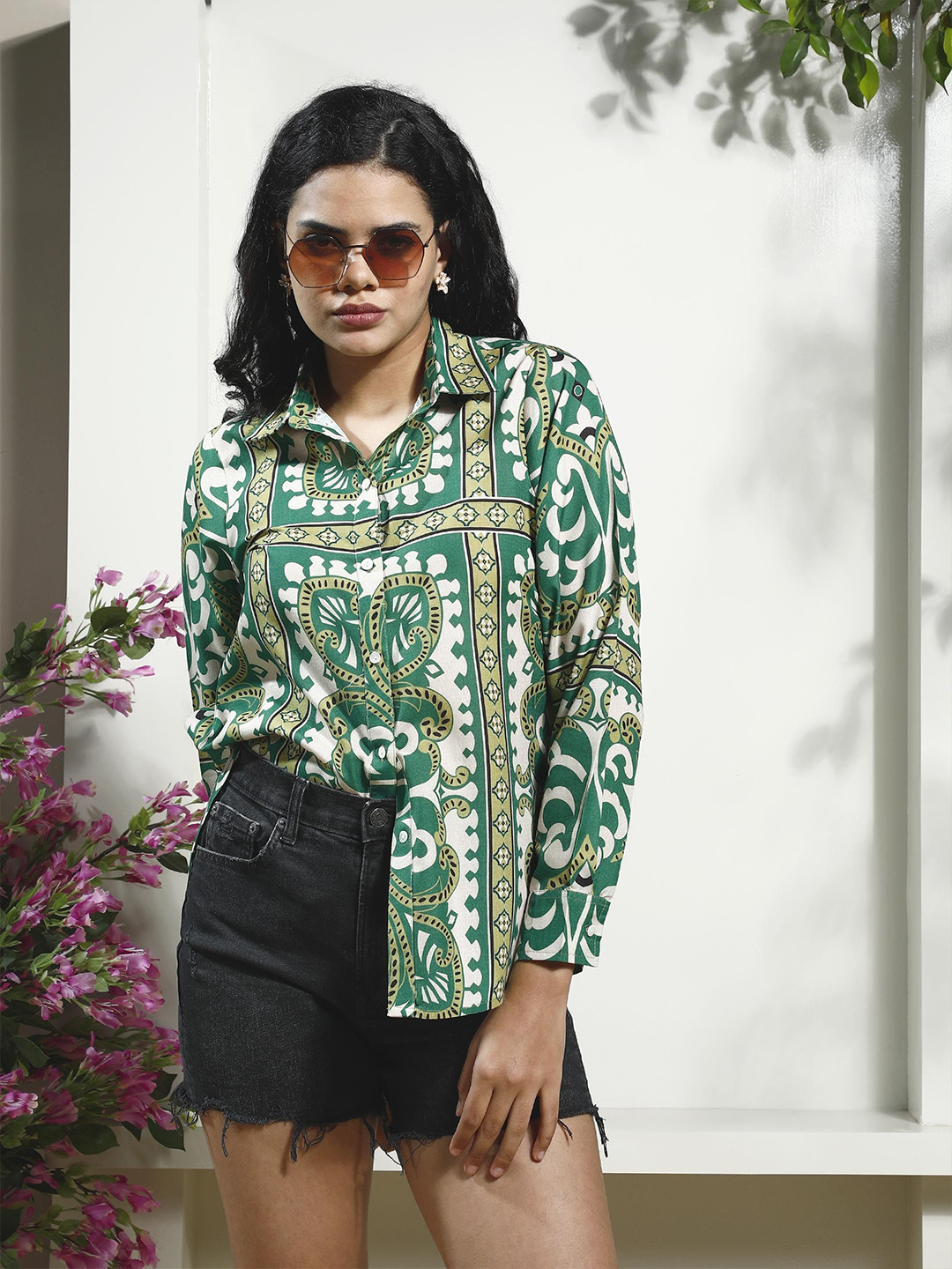 Boho By Athena Women Smart Fit Spread Collar Ethnic Motifs Printed Linen Casual Shirt