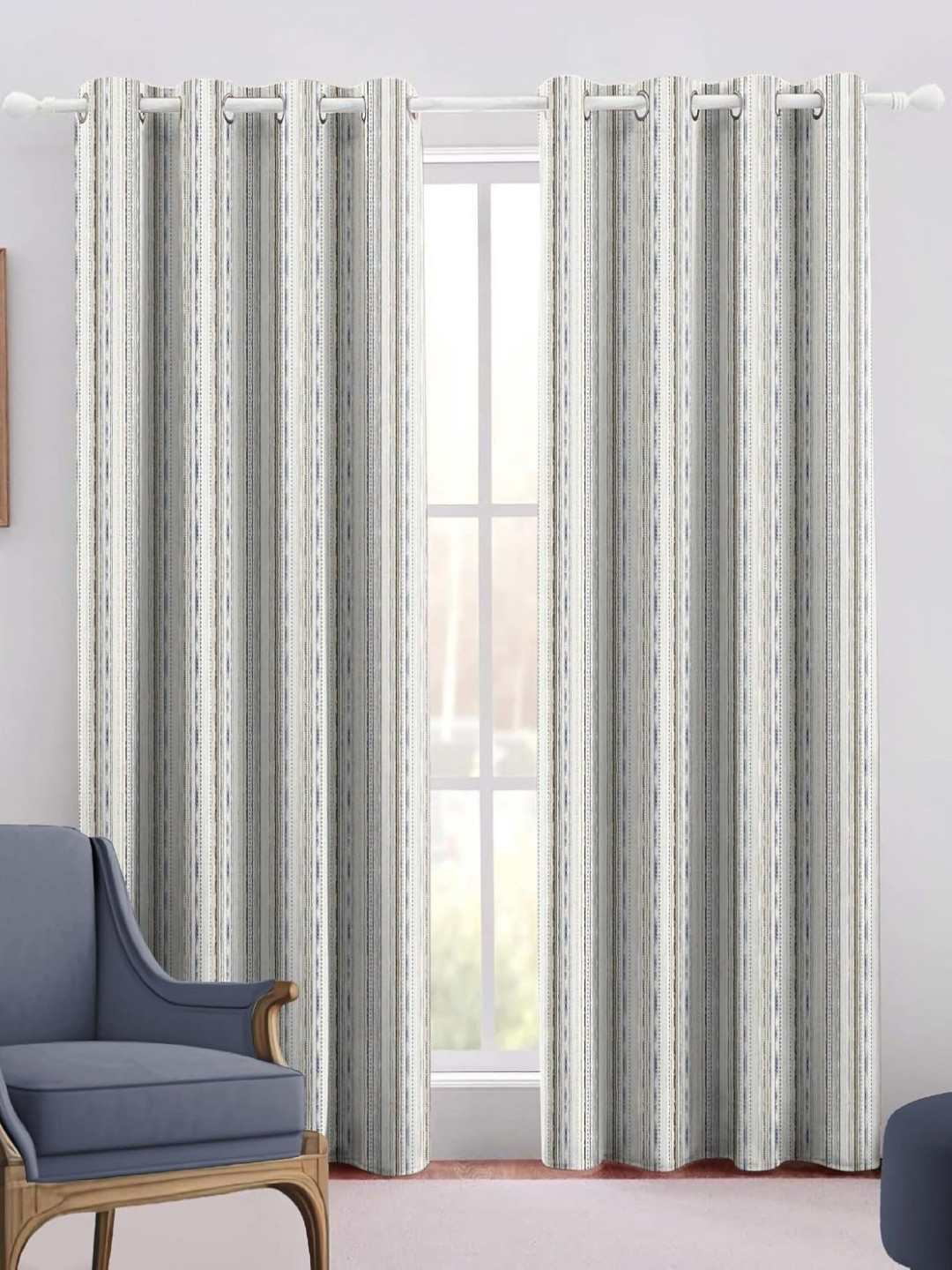 Trance Home Linen White & Grey 2 Pieces Striped Cotton Door Curtains