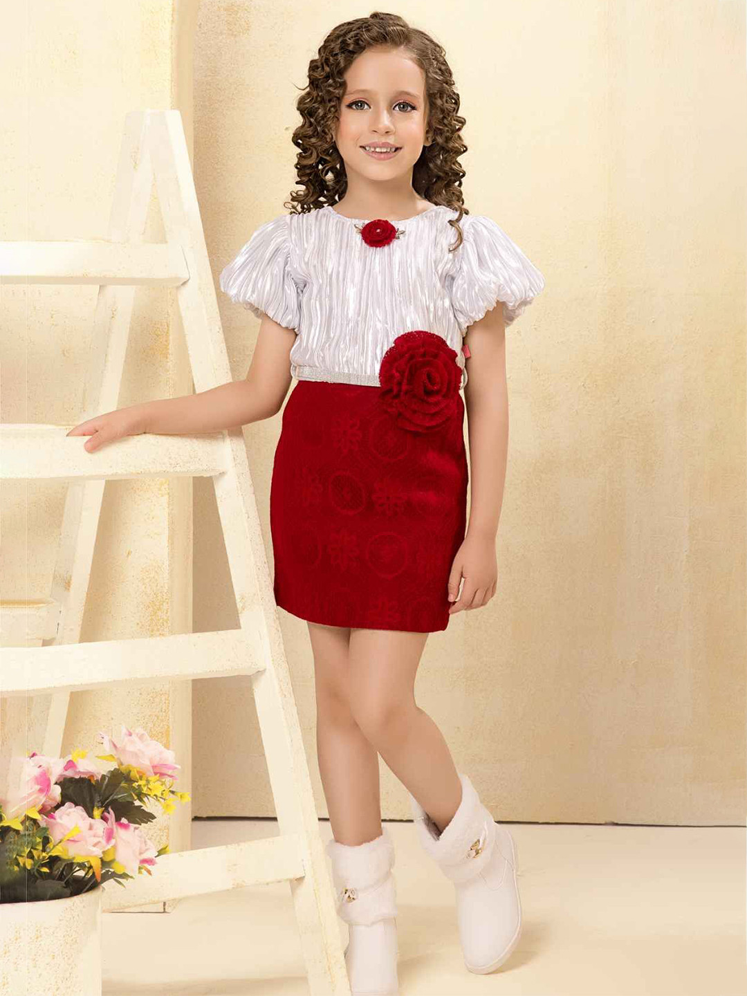 Lagorii Girls Floral Embellished Party Wear Dress Maroon